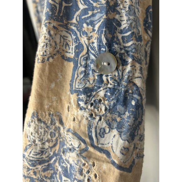Ruby Rd. Petite 16W Floral Button-Up Shirt Blue & Beige Cotton/Flax - Picture 6 of 15